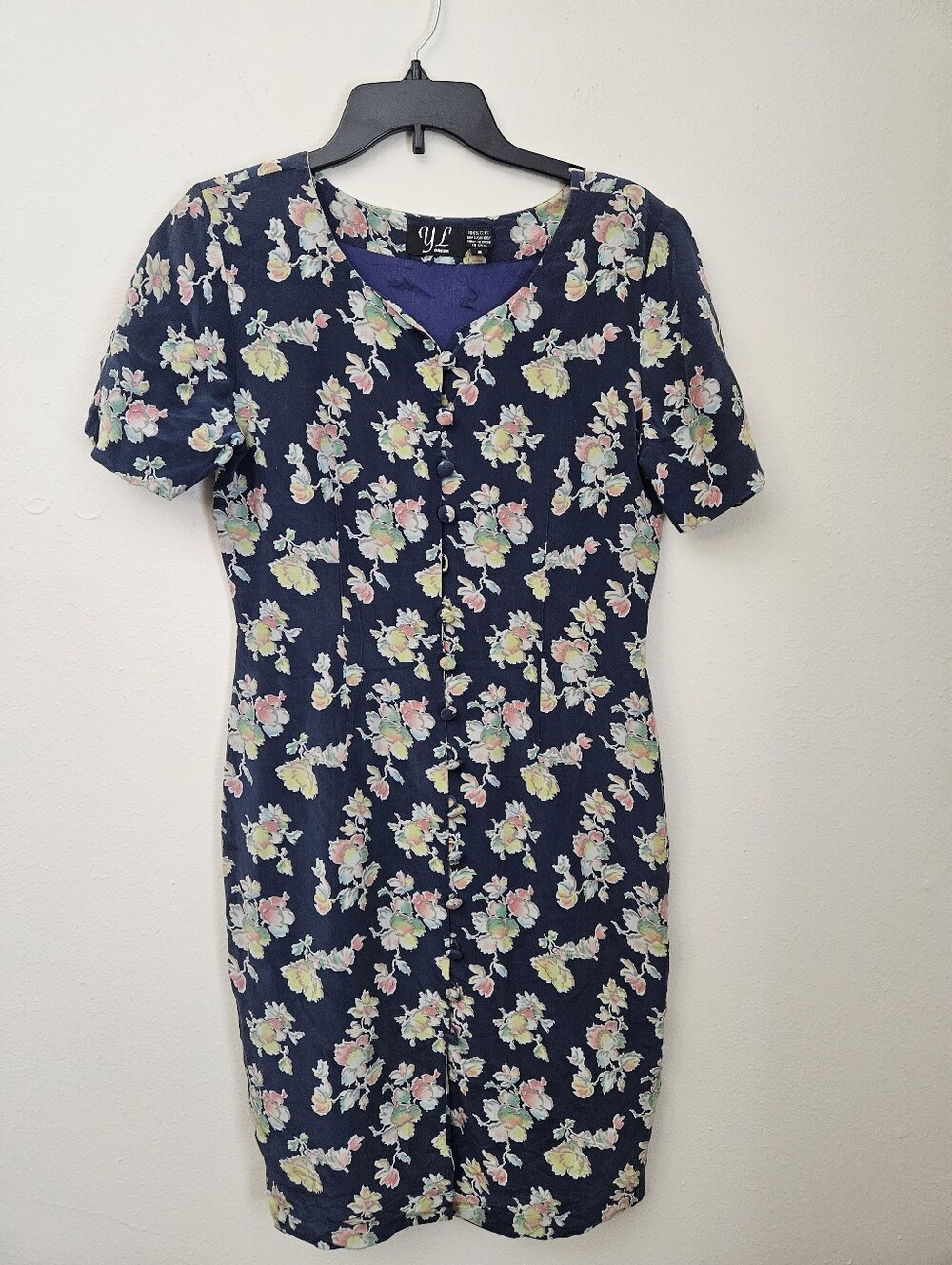 Vintage 100% Silk YL by Yair 90s Silk Floral Sheath Dress Blue Button Up Sz 8